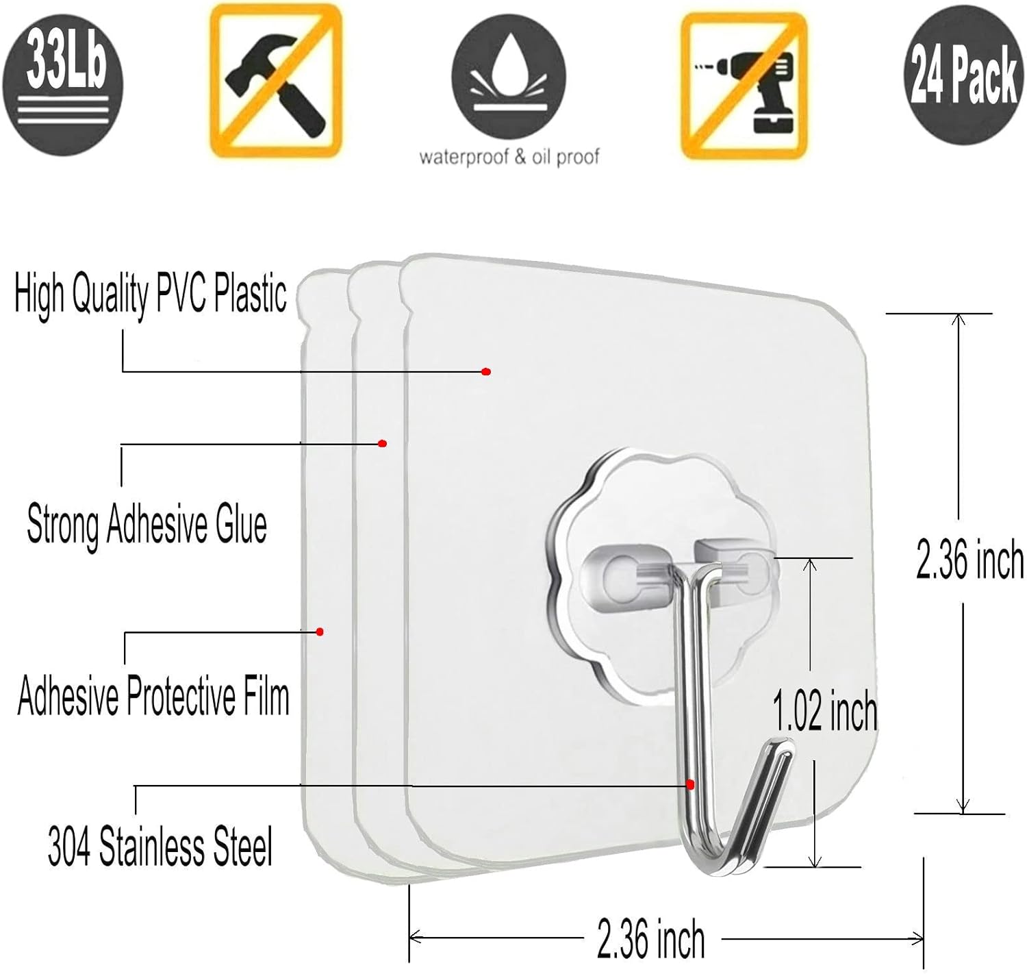Jwxstore 24 Pack Adhesive Wall Hooks 33LB Heavy Duty No Drill Transparent Waterproof Hooks for Bathroom Kitchen Towel Coat Office Home Outdoor - Image 2