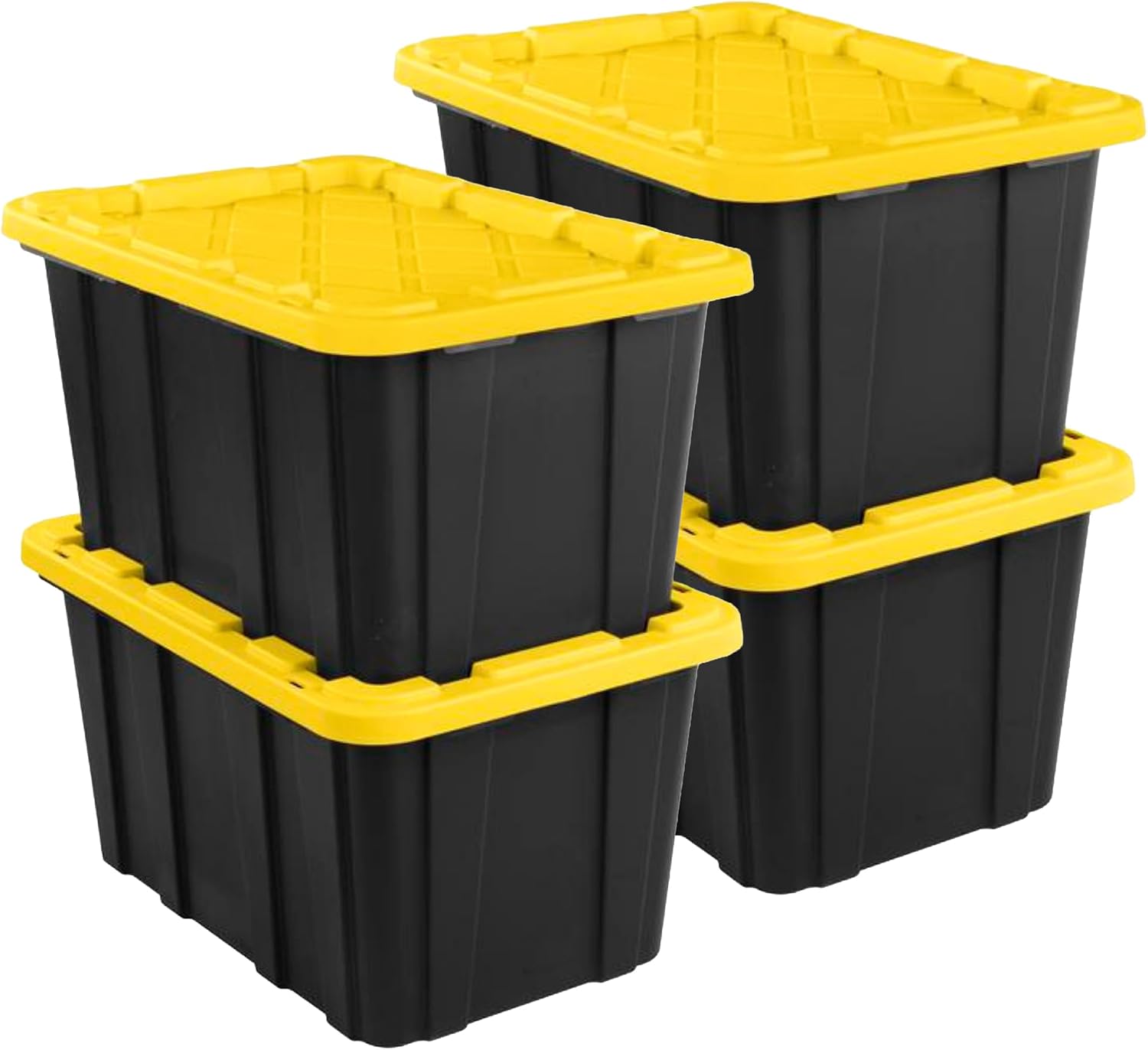 Sterilite Industrial Storage Tote with Lids for Garage. 27 Gallon. 4-Pack | Heavy-Duty and Stackable Utility Box Containers for Home. Office. and Basement Organization. Black/Yellow