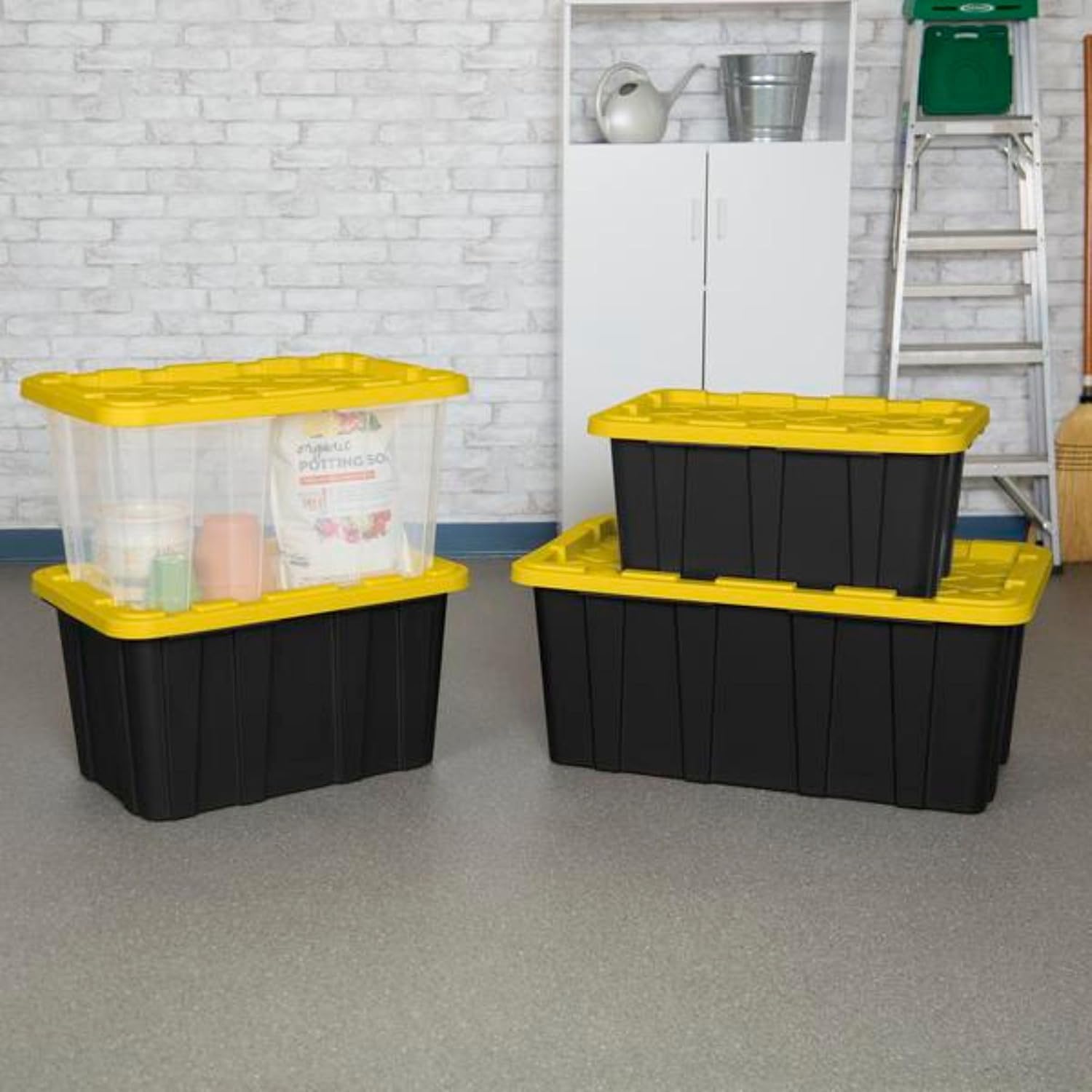 Sterilite Industrial Storage Tote with Lids for Garage. 27 Gallon. 4-Pack | Heavy-Duty and Stackable Utility Box Containers for Home. Office. and Basement Organization. Black/Yellow - Image 9