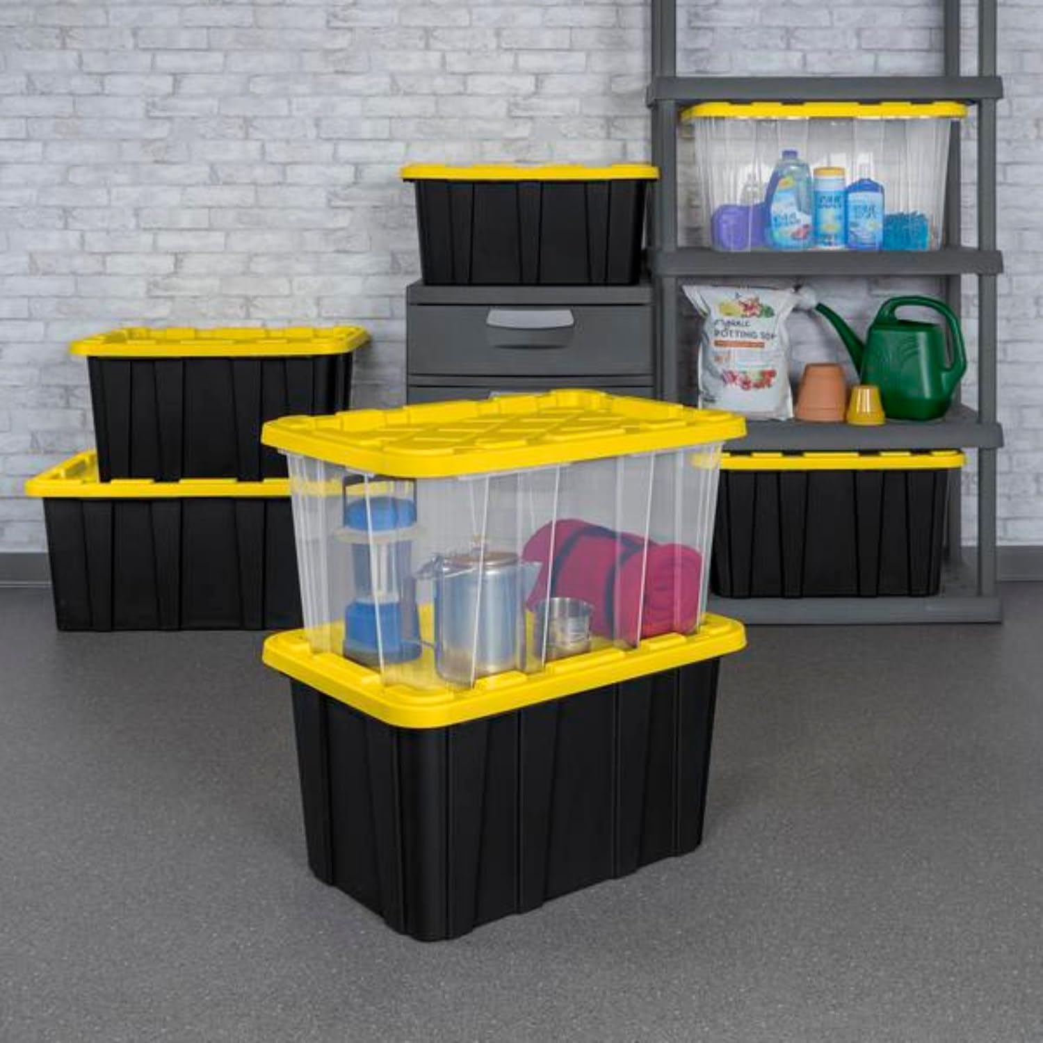 Sterilite Industrial Storage Tote with Lids for Garage. 27 Gallon. 4-Pack | Heavy-Duty and Stackable Utility Box Containers for Home. Office. and Basement Organization. Black/Yellow - Image 8
