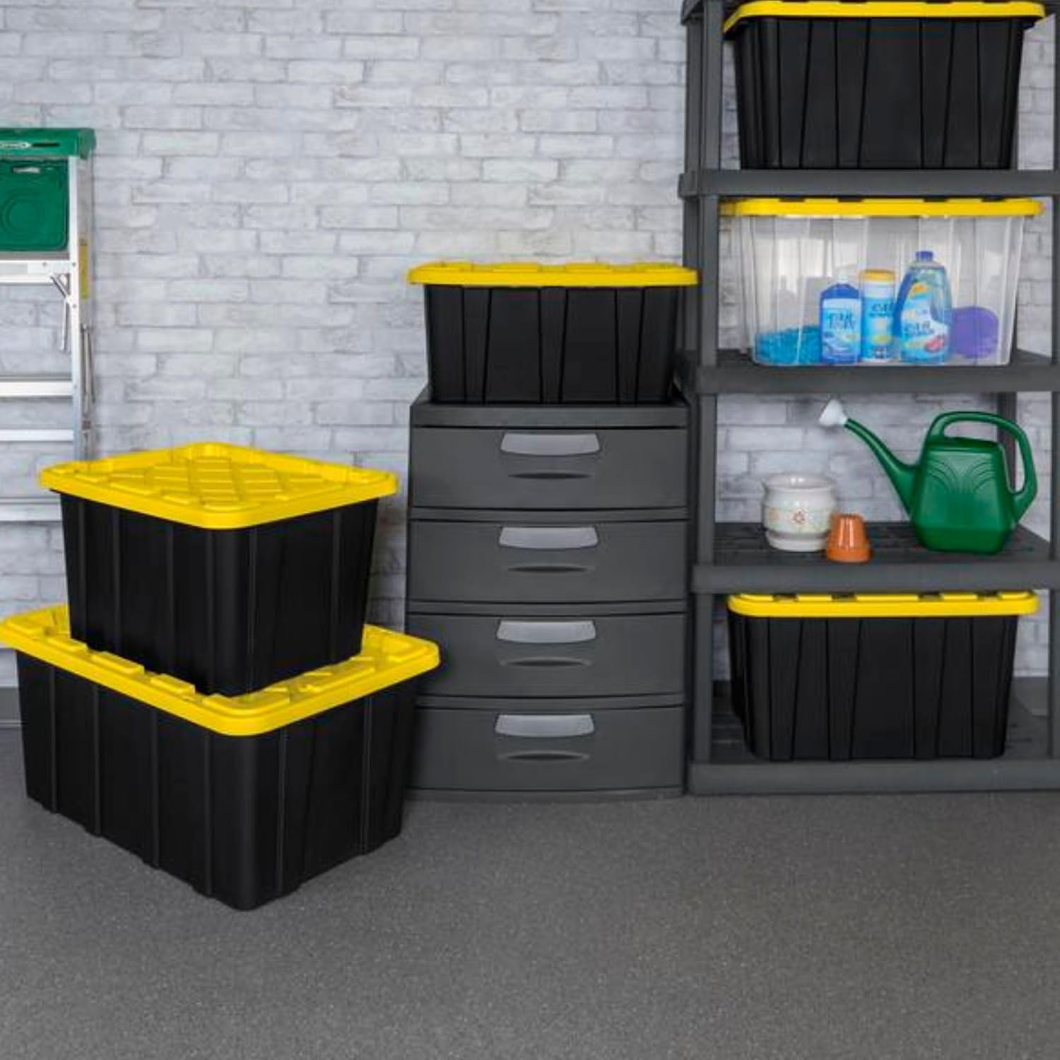 Sterilite Industrial Storage Tote with Lids for Garage. 27 Gallon. 4-Pack | Heavy-Duty and Stackable Utility Box Containers for Home. Office. and Basement Organization. Black/Yellow - Image 7