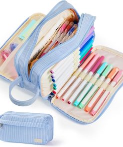 Sooez High Capacity Pencil Case. Soft Corduroy Pencil Pouch with 4 Compartments. Multiple Pockets. Large Pencil Bag with Sturdy Zipper. Cute Pencil Case Pouch Organizer for Student Teen Girls. Blue
