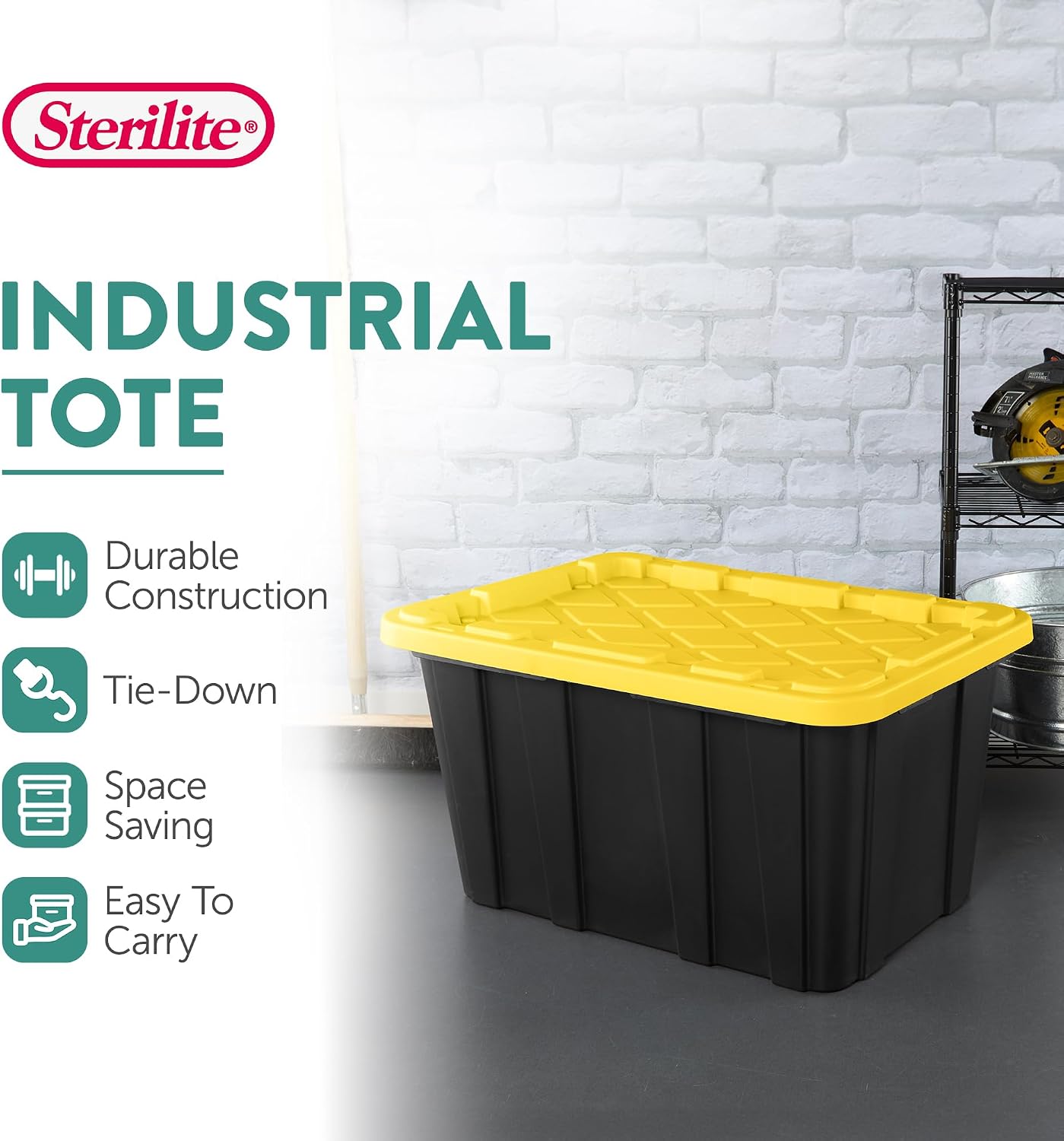 Sterilite Industrial Storage Tote with Lids for Garage. 27 Gallon. 4-Pack | Heavy-Duty and Stackable Utility Box Containers for Home. Office. and Basement Organization. Black/Yellow - Image 3