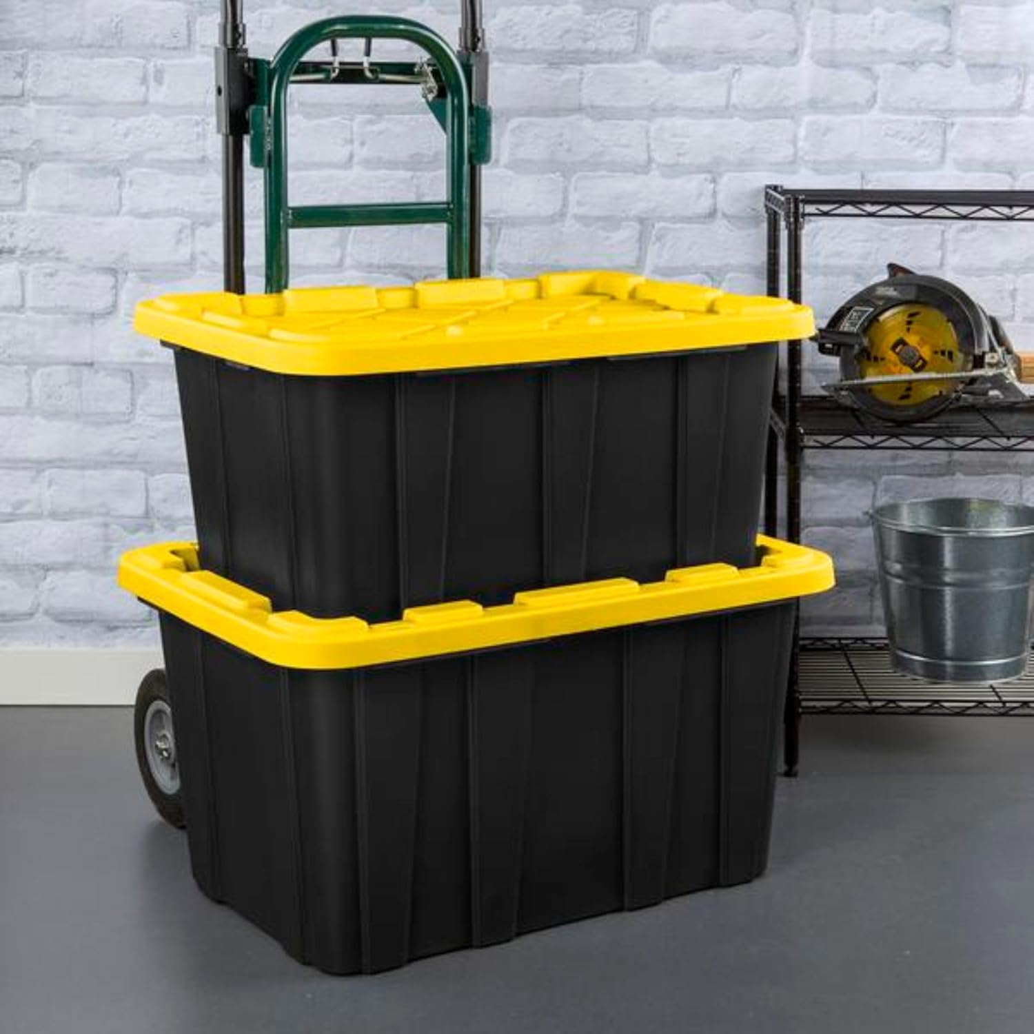 Sterilite Industrial Storage Tote with Lids for Garage. 27 Gallon. 4-Pack | Heavy-Duty and Stackable Utility Box Containers for Home. Office. and Basement Organization. Black/Yellow - Image 6