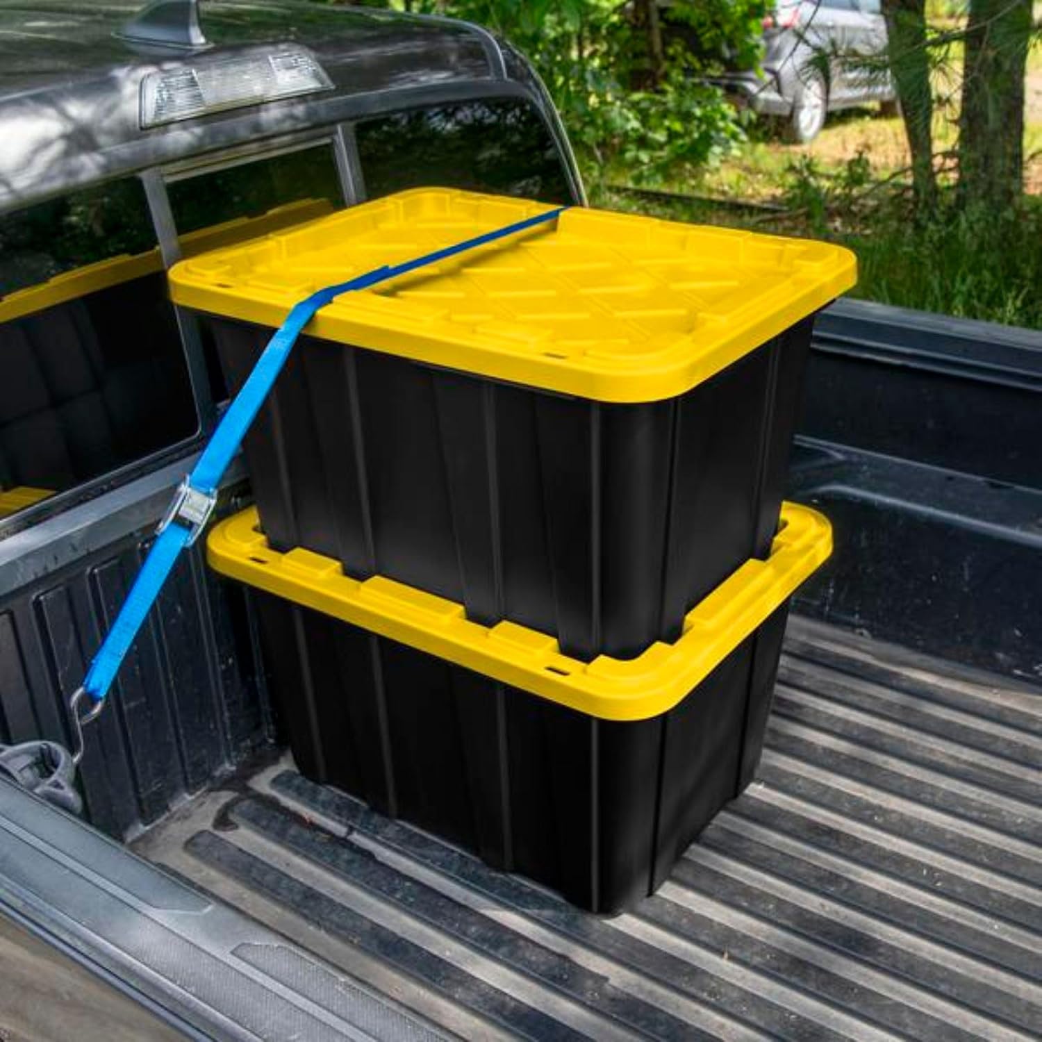 Sterilite Industrial Storage Tote with Lids for Garage. 27 Gallon. 4-Pack | Heavy-Duty and Stackable Utility Box Containers for Home. Office. and Basement Organization. Black/Yellow - Image 4